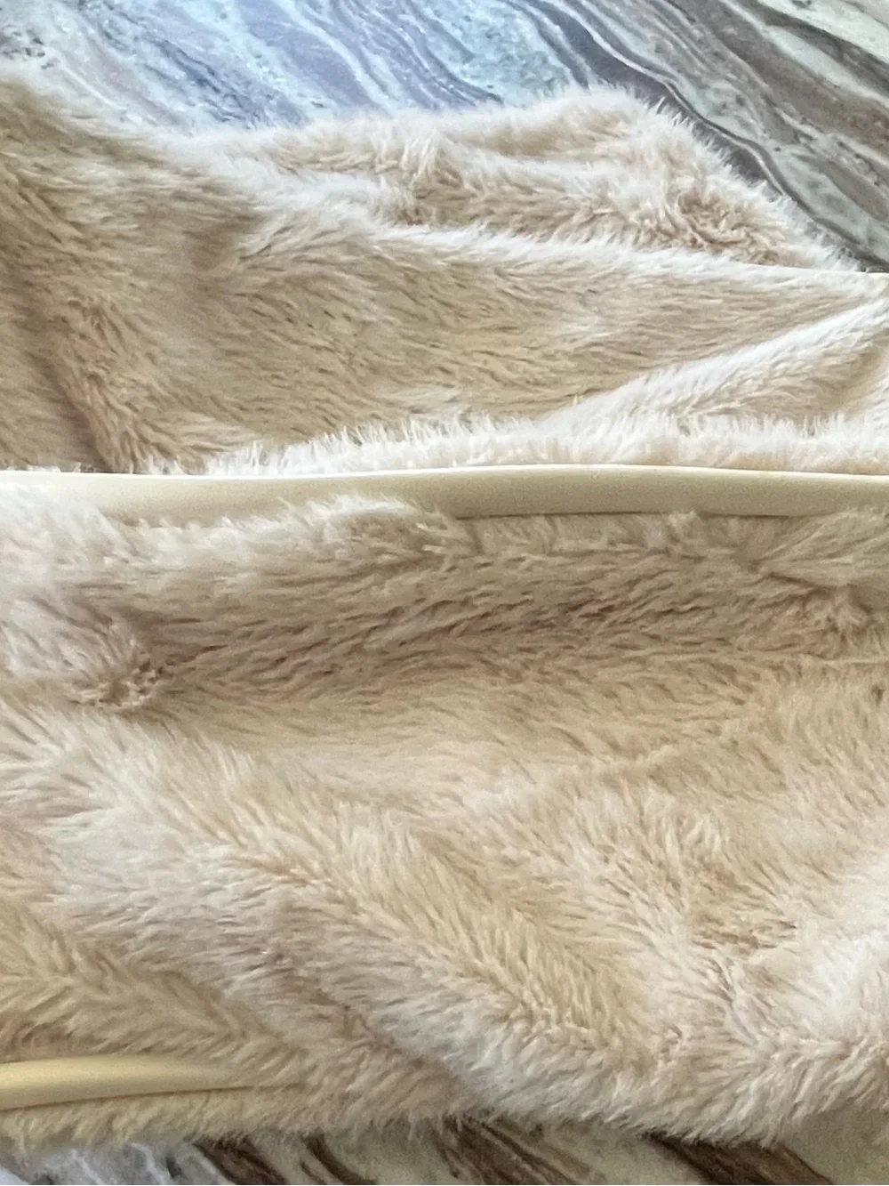 Cream Victoria’s Secret Faux-Fur Tote Bag with gold VS logo